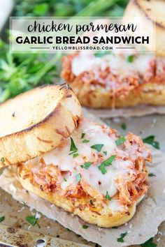 chicken parmesan garlic bread sandwich on parchment paper