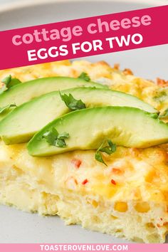 Closeup of baked egg casserole on a plate topped with avocado slices. Baked Cottage Cheese Eggs Ina Garten, Quick Egg Bake, Cottage Cheese Eggs Bake, Egg Bake With Cottage Cheese, Baked Cottage Cheese Eggs, Cottage Cheese Omelette Recipe, Cottage Cheese Egg Bake, Mini Breakfast Casserole