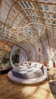 the interior of a futuristic bedroom with circular bed