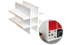 the shelves are white with red accents