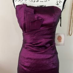 Brand New With Tag Purple Fitted Mini Dress For Gala, Fitted Purple Mini Dress For Gala, Elegant Purple Mini Dress For Gala, Elegant Purple Strapless Dress For Night Out, Purple Fitted Dress With Pleated Bodice, Formal Silk Strapless Mini Dress, Chic Purple Dress With Ruched Bodice, Chic Purple Dresses With Ruched Bodice, Purple Silk Mini Dress For Evening