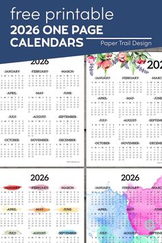 two calendars with watercolor flowers on them and the text free printable 2020 one page calendars