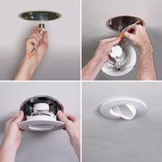 four pictures showing different types of lighting fixtures and hands working on the ceiling light fixture