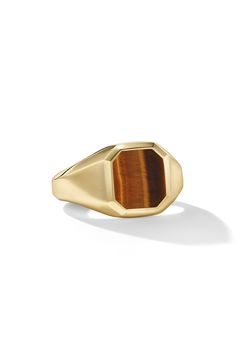 An 18-karat-gold signet ring is centered by an octagonal stone inlay for a contemporary pop of color. 18k gold/black onyx, lapis or tiger's-eye Made in Italy Yellow Gold Gemstone Rings, David Yurman Mens, Gold Tiger Eye, Gold Signet Ring, Minimalist Designs, 18k Gold Ring, 18k Yellow Gold Ring, Eye Ring, Tiger's Eye