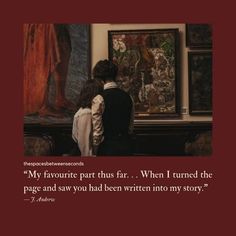 two people sitting on a bench looking at art in a museum with a quote from the author