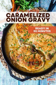 Pork chops in a skillet smothered in onion gravy. Gravy For Pork Chops, Gravy For Pork, Pork Chop Gravy, Homemade Onion Gravy, Beef Mashed Potatoes, Brown Onion Gravy, Onion Gravy Recipe, Savoury Sauces