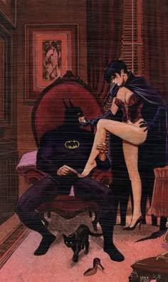 a painting of a man and woman dressed up in batman costumes sitting on a chair