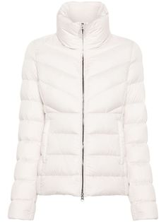 ivory white down-feather filling padded design quilted appliqué logo high neck front two-way zip fastening long sleeves fitted waistline two side welt pockets straight hem Quilted Puffer Jacket, Wedding Guest Looks, Yoko London, City Dress, Iconic Bags, Colmar, Demi Fine Jewelry, Summer Beach Wear, Ballet Flat Shoes