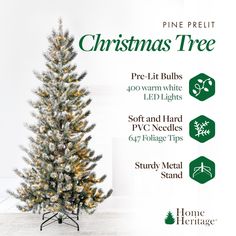 the pine prelit christmas tree is shown with its lights on and instructions to decorate it