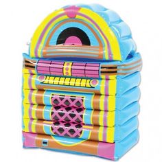 an inflatable toy machine with various colors and designs on the front, sitting upright against a white background