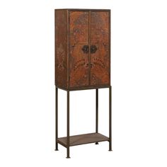 a tall wooden cabinet with metal legs and an ornate design on the front, against a white background