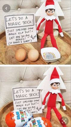 two pictures of an elf with eggs on a tray and another picture of an egg