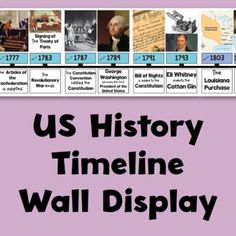 the us history timeline wall display is shown in purple and blue with black lettering