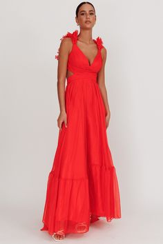 Shop the Bellamy Lace-Up Back Ruffle Maxi Dress Red | Selfie Leslie Flowy Prom Dresses, Red Selfie, Perspex Heels, Maxi Dress Red, Selfie Leslie, Yellow Bridesmaid Dresses, Yellow Bridesmaids, Ruffle Maxi Dress, Euro Summer