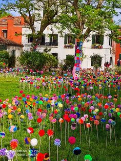 many colorful lollipops are on the grass in front of an apartment building