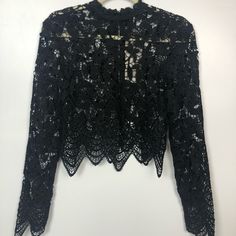 Nwt Essue By Love & Love Size Small Black Sheer Crochet Lace Shirt. Very Unique! Longer Sleeves With Exposed Back Zip Up Closure! 18” Pit To Pit 19” Shoulder To Hem Elegant Black Tops With Scalloped Lace, Elegant Black Top With Scalloped Lace, Elegant Black Scalloped Lace Top, Chic Black Top With Scalloped Lace, Elegant Scalloped Lace Cropped Top, Chic Crochet Lace Top For Party, Chic Crochet Lace Party Tops, Black Long Sleeve Tops With Scalloped Lace, Long Sleeve Tops With Scalloped Lace For Evening