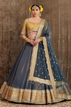 Shop for Shikhar Sharma Blue Shimmer Chanderi Lehenga Set for Women Online at Aza Fashions Angrakha Style Dresses, Chanderi Lehenga, Tassels Blouse, Purple Lehenga, Bead Tassels, Heavy Lehenga, Indian Bridesmaid Dresses, Bridal Party Outfit, Wedding Lehenga Designs