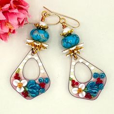 PassionKnots - Etsy Canada Romantic Blue, Lampwork Earring, Bohemian Handmade, Gold Filled Earrings, Bohemian Earrings, Enamel Flower, Enamel Earrings, Hypoallergenic Earrings, Allergy Free