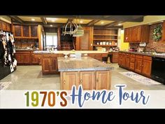 a large kitchen with wooden cabinets and granite counter tops in the center is an advertisement for 1970's home tour