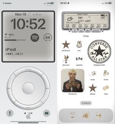 an ipod with various stickers on the screen and in front of it is a clock