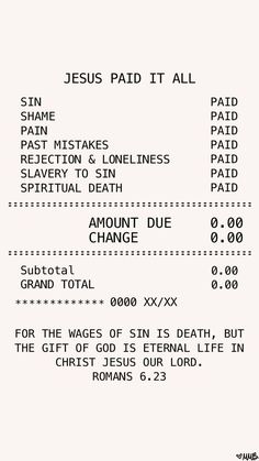 the receipt for jesus paid it all, with numbers and times to print them out