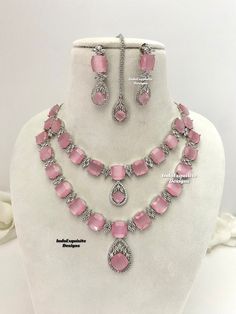 2 layered American Diamond Necklace Set / CZ Necklace/Indian Jewelry/ Reception Jewelry/ Bollywood Jewelry/double necklace/Silver pink  All items are shipped from Brampton, Ontario, Canada. If you need your item by a certain day, please reach out to us for express delivery option before placing the order so that we can update the shipping for you. Standard shipping/delivery timeline Below are the estimated delivery times after the order is shipped/dispatched.  ---> USA delivery timeline * 3-5  b Pink Jeweled Jewelry For Formal Occasions, Formal Pink Jeweled Jewelry, Pink Sterling Silver Jewelry For Party, Pink Sterling Silver Necklace For Formal Occasions, Elegant Pink Bridal Necklace With Jewels, Pink Jeweled Bridal Necklace As Gift, Pink Bridal Necklace With Jewels As Gift, Pink Double Strand Necklace For Gift, Exquisite Pink Gemstone Necklaces