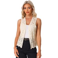 This hollow-out sleeveless cardigan is designed with delicate floral crochet and solid color, offering a sweet and playful look that's perfect for the outdoors. You can match this cardigan with a simple camisole to maximize your wardrobe options. Made with soft fabric, this crochet cardigan is lightweight and breathable, perfect for a day at the beach or poolside lounging. The crochet hollow-out design adds a touch of bohemian charm and allows for a cool breeze to flow through. Affordable Sleeveless Knit Cardigan, Open Front Vest, Boho Vest, Vest Cardigan, Trim Design, Mesh Pattern, Women's Cardigans, Cardigan Beige, Pattern Simple