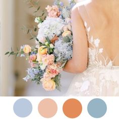 Dusty blue, peach and orange wedding color palette Dusty Blue And Peach Wedding Groomsmen, Fall Summer Wedding, Wedding Colors Light Blue Colour Palettes, Peach Orange Dusty Blue Wedding, Light Blue Orange Wedding, Pastel Blue And Peach Wedding, Spring Dusty Blue Wedding