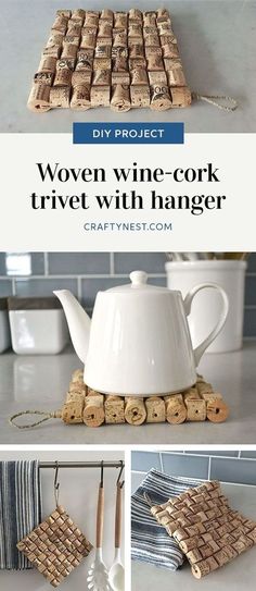 wine cork trivet with hanger on the counter top and pictures of different items