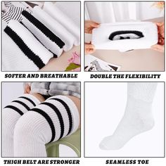 Plus Size Thigh High Socks Striped- White & Black Thigh Belts, Plus Size Thigh High Socks, Plus Size Thigh, Thigh Straps, Striped Thigh High Socks, Thigh Garter, Thigh Socks, Nerd Fashion, Slouch Socks