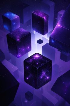 an abstract purple background with cubes and stars in the center, as well as space