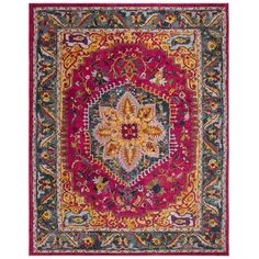 a red and blue rug with an ornate design on the center, surrounded by multicolored flowers