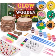 the wooden painting kit includes paint, markers and stickers