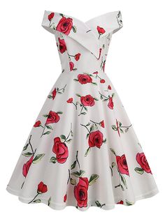 Turn heads with the White 1950s Roses Off-Shoulder Dress. Perfect for adding vintage elegance to your wardrobe—shop now and bloom with charm! White And Red Dress, Cats Cuddling, Red Birthday, Red Wedding Dress, 1950s Outfits, Red And White Dress, Rose Print Dress, Clothing Design Sketches, Vintage 1950s Dresses