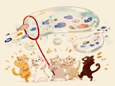 three cats are looking at something through a magnifying glass with fish on it