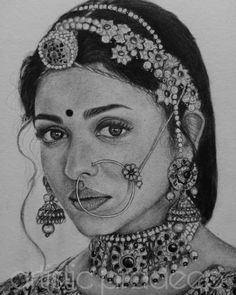 a pencil drawing of a woman with jewelry on her head and nose piercings in her hair