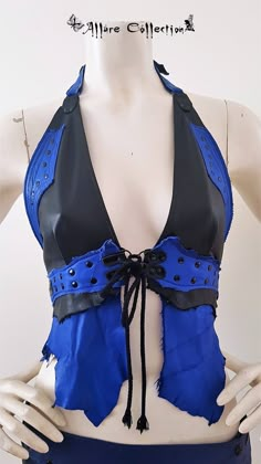 Cobalt Blue & Black leather Halter Neck Vest This gorgeous vibrant edgy vest is totally adjustable around the neck with press studs, back and bust adjustable to allow for multisizing. Black rivets decorated throughout. Bust: smallest size 83cm (32") adjustable. Length: from shoulder to waist  longest length 50cm (20"). Allure Collection is a one woman operation creating handcrafted one off pieces just for you to allow you to enjoy your total uniqueness :)  With use of reclaimed leather & finding Ocean Grunge, Cobalt Blue Outfit, Halter Neck Vest, Leather Halter Top, Women Leather Vest, Leather Tops, Leather Halter, Womens Halter Tops, Crochet Tops Free Patterns