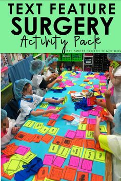 children are sitting at a table covered in sticky notes with the words text feature surgery activity page