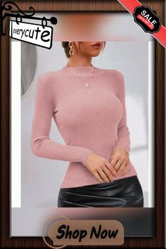 Pink Mock Neck Knitted Long Sleeve Pullover Tops High Neck Knit Sweater Solid Color, High Neck Knit Sweater In Solid Color, High Neck Solid Color Knit Sweater, Casual Pink High Neck Sweater, Pink Long Sleeve Sweater For Work, Fitted Crew Neck Sweater In Solid Color, Pink High Neck Top For Winter, Stretch Solid Color Crew Neck Sweater, Pink Turtleneck Top For Winter