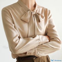 OrcaJump - Classy Bow-Adorned Chiffon Blouse with Luxurious Texture Fitted Beige Chiffon Blouse, Elegant Solid Chiffon Blouse, Fall Season Formal Chiffon Blouse, Fall Office Blouse In Chiffon, Elegant Beige Tie Neck Blouse, Formal Chiffon Blouse For Fall, Fall Office Chiffon Blouse, Formal Chiffon Tops For Fall, Elegant Chiffon Blouse For Fall