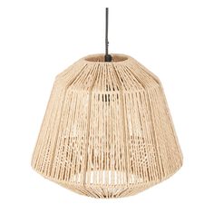 a light that is made out of wicker and has a black cord hanging from it