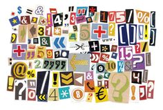 many different types of stickers are arranged in the shape of letters and numbers on a white background