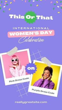 an advertisement for the international women's day celebration, featuring two photos of people wearing sunglasses