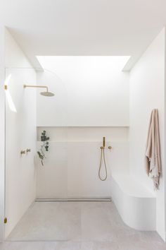 a white bathroom with an open shower and skylight