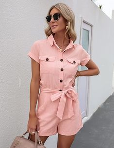 Rompers & Jumpsuits // Show off your gorgeous style wearing this light pink short sleeves button down belted romper.