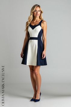 Olivia Mark - Elegant Navy and Ivory Colorblock Fit and Flare Dress Elegant Color Block Mini Dress For Spring, Elegant Fitted Color Block Mini Dress, White A-line Color Block Dress, Elegant Mini Length Color Block Dress, White Color Block Mini Dress, Elegant Color Block Mini Dress, Fitted White Color Block Dress, Block Design, Navy Blue Dresses