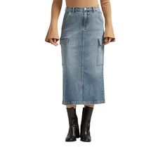 Add a contemporary twist to your wardrobe with the Silver Jeans Co. women's high-rise cargo denim midi skirt. This versatile piece features a flattering high-rise fit and practical cargo pockets, making it perfect for casual outings or dressed-up occasions. From Silver Jeans Co. Mid-rise Denim Skirt With Pockets For Work, Trendy Denim Cargo Skirt For Fall, Denim Cargo Utility Skirt, Denim Cargo Skirt With Utility Style, Fall Utility Cargo Skirt With Pockets, High Rise Denim Skirt With Cargo Pockets, Utility Denim Skirt With Side Pockets, Spring High Rise Cargo Skirt With Pockets, Spring High-rise Cargo Skirt With Pockets