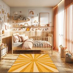 a child's bedroom with an orange and yellow rug on the floor next to a bed