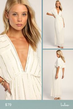 With the wind in your hair and the Lulus Goddess Vibes Ivory Gold Striped Dolman Sleeve Maxi Dress in your wardrobe, you'll be feeling those island vibes! Lightweight woven rayon fabric, with a subtle crinkled texture and luxe gold stripes throughout, shapes this breezy summer look. Relaxed-fit dolman sleeves frame a plunging V-neckline, atop a blouson-inspired bodice. A high, elasticized waist tops the skirt that ends at a maxi hem. Fit: This garment fits true to size. Length: Ankle length. Siz Dolman Sleeve Maxi Dress, Goddess Vibes, Island Vibes, Sleeve Maxi Dress, Gold Stripes, The Goddess, Rayon Fabric, Maxi Dress With Sleeves, Dolman Sleeve