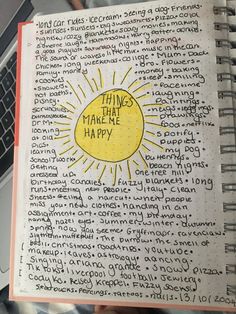 an open notebook with the words things that make me happy written in yellow on it